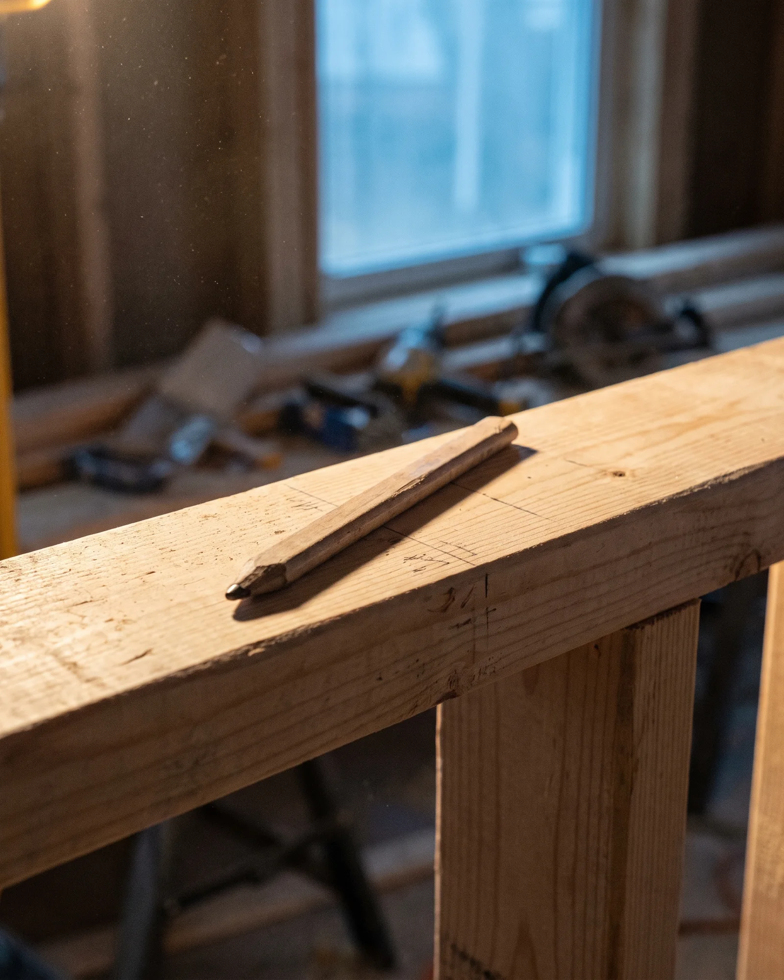 A flat carpenter's pencil resting on a stud's top plate beside small pencil tick marks, dust in the lamp light.