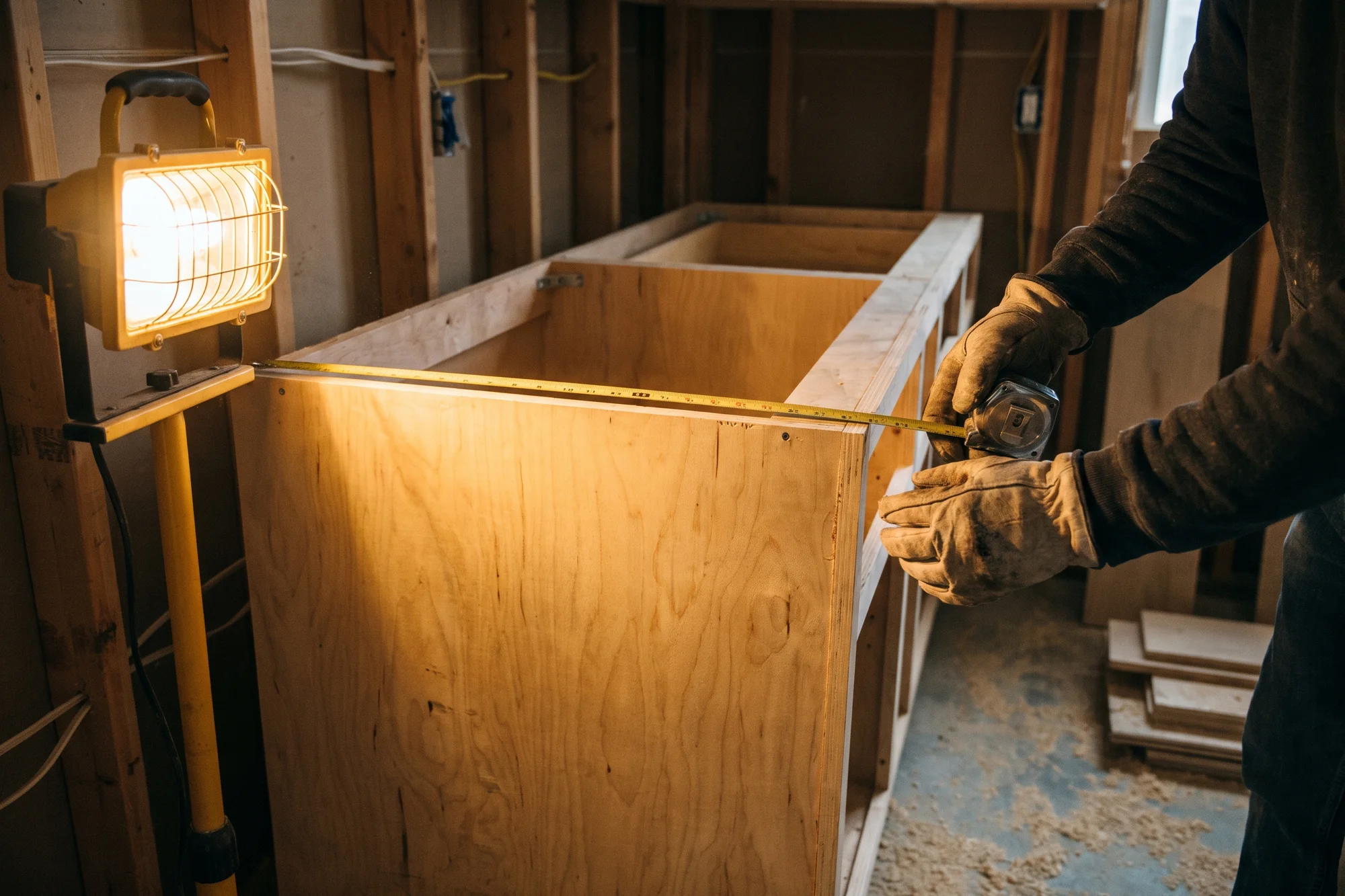 A homeowner's gloved hands holding a tape measure across new plain cabinet boxes under a work lamp.