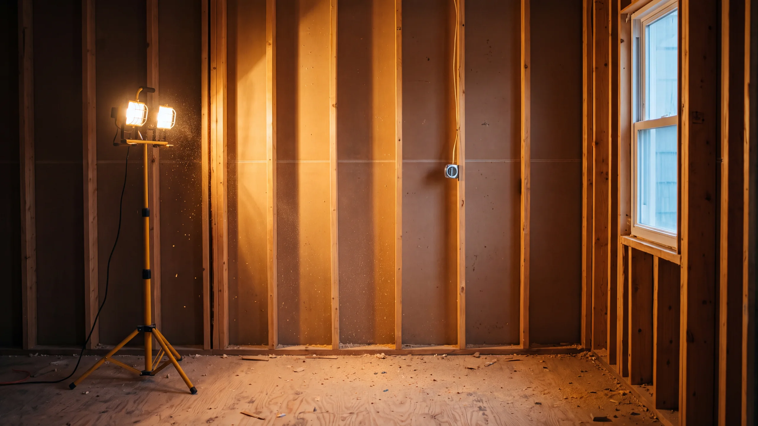 A gutted kitchen at the framing stage: bare pine studs lit by a work lamp standing on the subfloor, sawdust on the floor, a tape measure hooked on a stud.