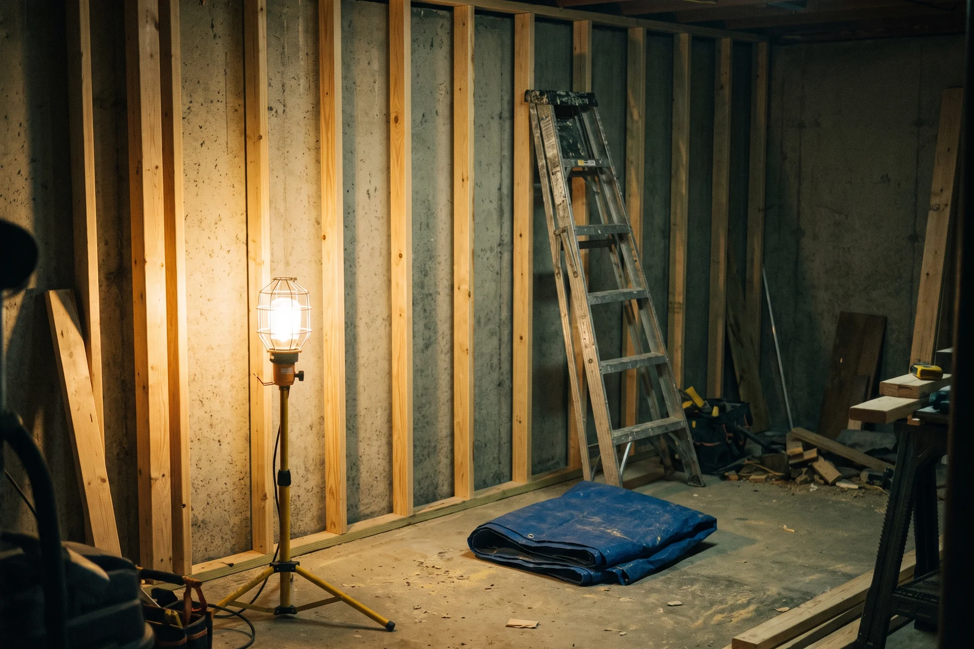 A basement mid-renovation: new pine stud framing along a concrete wall, a stepladder and a folded tarp, one work lamp lighting the framing.