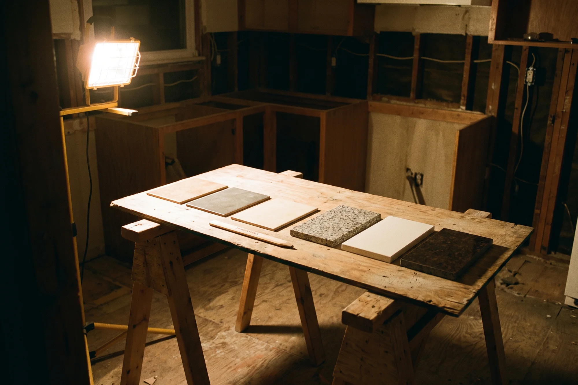 Tile samples and countertop offcuts laid side by side on a plywood sheet across two sawhorses in a gutted kitchen, a flat carpenter's pencil beside them, under a work lamp.