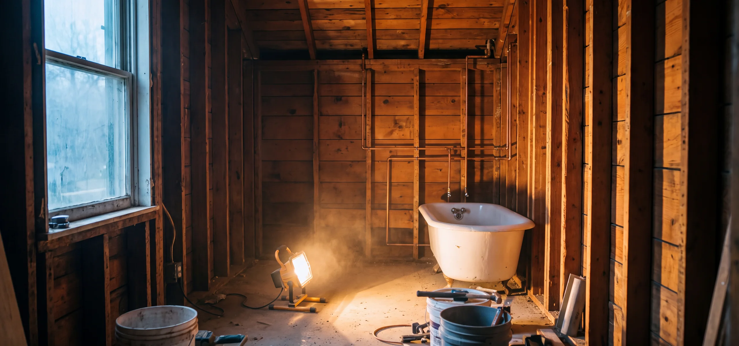 A small bathroom at the framing stage: bare pine studs, new plumbing rough-in and a tub set in place, lit by a work lamp on the floor.